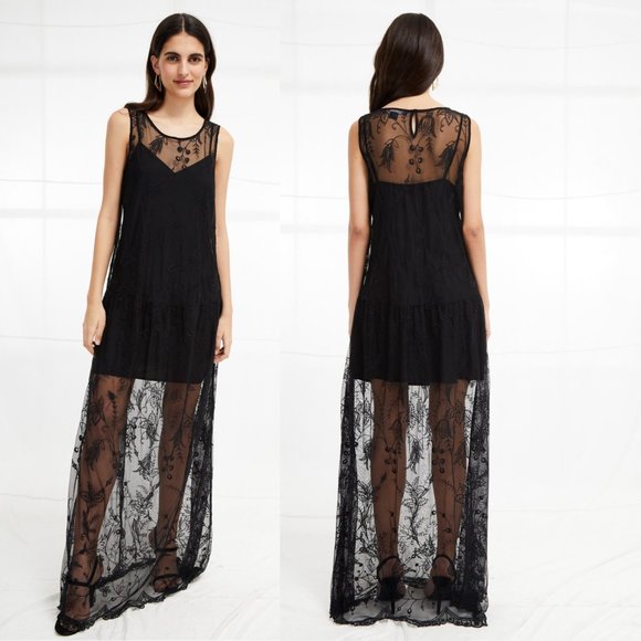 $248 NWT FRENCH CONNECTION Women's Black Maxi Dress 2 XS Pemba Stitch Sheer Sexy - Picture 3 of 13